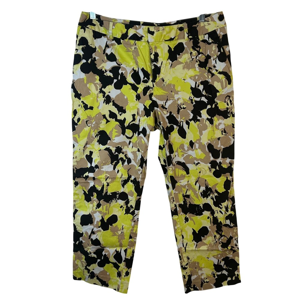 Coldwater Creek Natural Fit Yellow Abstract Floral Cropped Pants Size 14 Stretch